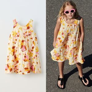 Zara Butter Yellow Pink Floral Tiered Sundress Sz 13-14 XL Bohemian Girly Spring